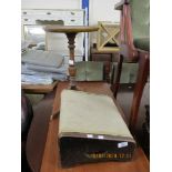 UPHOLSTERED FOOT STOOL AND A REPRODUCTION WINE TABLE