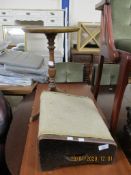 UPHOLSTERED FOOT STOOL AND A REPRODUCTION WINE TABLE