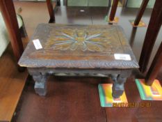 SMALL 19TH CENTURY CARVED STOOL, LENGTH APPROX 29CM