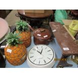 PAIR OF PINEAPPLE SHAPED ICE BUCKETS (BRITVIC) TOGETHER WITH A HEAVY SAUCEPAN AND KITCHEN CLOCK ETC