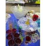 PUNCH BOWL WITH GLASSES AND LADLE, TOGETHER WITH OTHER DECORATIVE AND COLOURED GLASS WARE