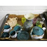 BOX CONTAINING VARIOUS CERAMICS AND COLOURED GLASS