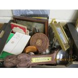 BOX CONTAINING QUANTITY OF VARIOUS CLEARANCE ITEMS INCLUDING BAROMETER, VARIOUS SMALL PICTURES ETC