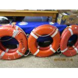 SET OF SIX VINTAGE BOAT FENDERS/LIFE BELTS INSCRIBED "PANAMAN BEST TRADER" ETC, ALL APPROX 78CM