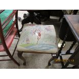 SMALL BEDROOM STOOL WITH NEEDLEWORK UPHOLSTERY, APPROX 46CM SQUARE