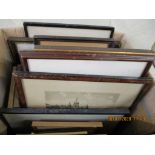 BOX CONTAINING QUANTITY OF VARIOUS FRAMED 19TH CENTURY AND LATER PRINTS INCLUDING RUSSIAN VILLAGE