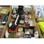 BOX CONTAINING SELECTION OF VARIOUS WATCHES, TIE CLIPS, HIP FLASKS ETC