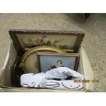 BOX CONTAINING A QUANTITY OF FRAMED NEEDLEWORK, PICTURES ETC