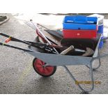 WHEELBARROW, WITH COLLECTION OF TOOLS, SECATEURS, SHEARS