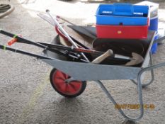 WHEELBARROW, WITH COLLECTION OF TOOLS, SECATEURS, SHEARS