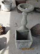 CONCRETE BIRD BATH, 33 X 79CM WITH CONCRETE PLANTER 32 X 27CM