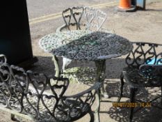 METAL GARDEN TABLE, TWO CHAIRS AND A BENCH