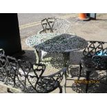 METAL GARDEN TABLE, TWO CHAIRS AND A BENCH