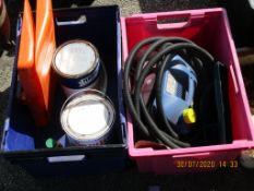 BOX OF WALLPAPER STRIPPER, TWO TINS OF PAINT, OUTDOOR CLEANER AND TWO SNOW SHOVEL HEADS