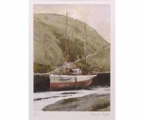 AR Norman Sayle, Moored boat coloured print, signed and numbered 10/395 in pencil to lower margin 33