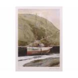 AR Norman Sayle, Moored boat coloured print, signed and numbered 10/395 in pencil to lower margin 33
