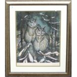 John Barber, Owls in winter landscape, coloured print, signed and dated 81 in pencil to lower
