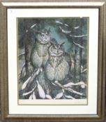 John Barber, Owls in winter landscape, coloured print, signed and dated 81 in pencil to lower