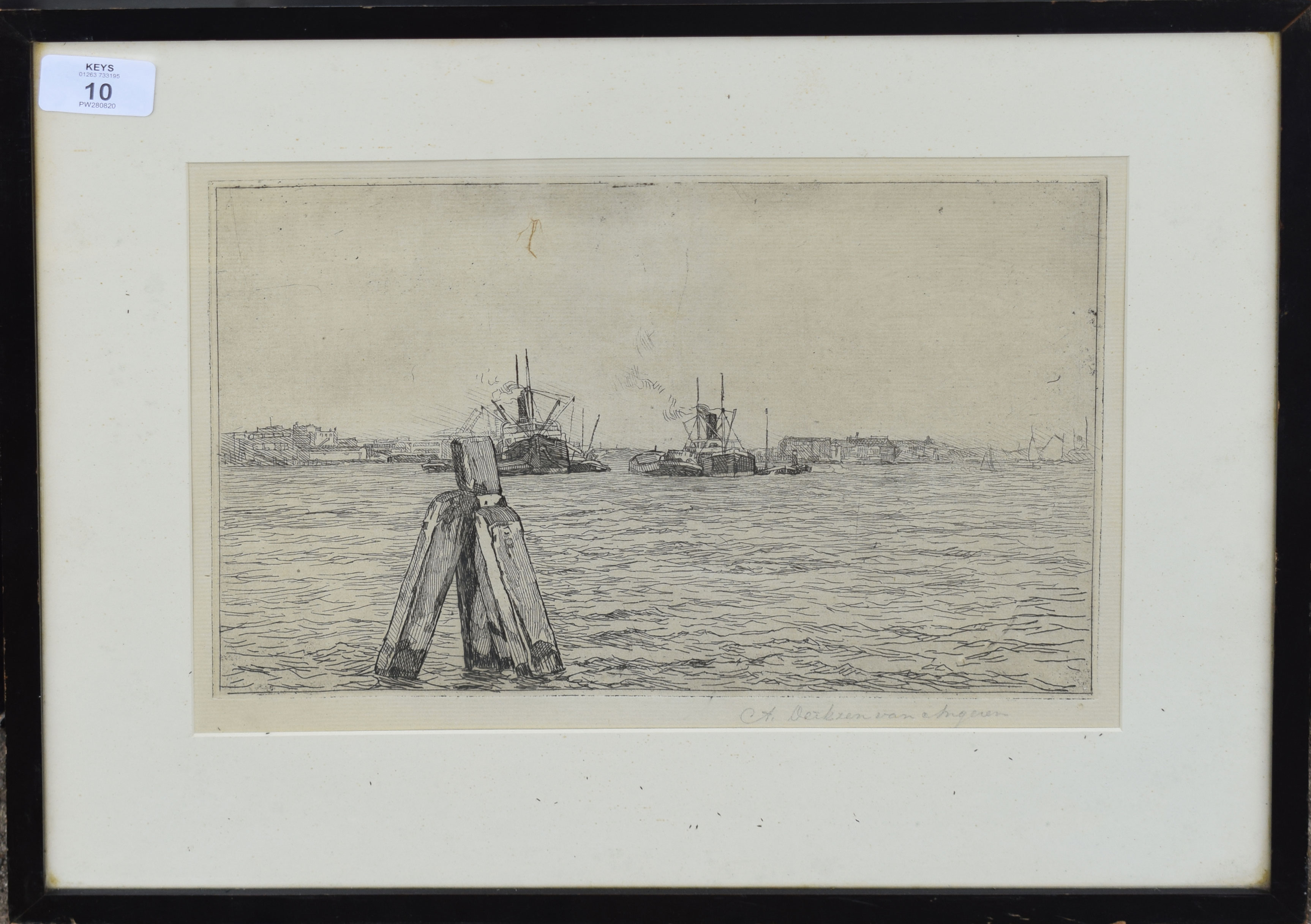 A Derkzen van Angeren, "On the Maas", black and white etching, signed in pencil to lower margin,