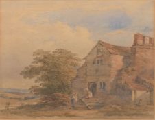 English School (19th century), Mother and child before a cottage, watercolour, 33 x 24cm