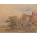 English School (19th century), Mother and child before a cottage, watercolour, 33 x 24cm