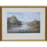 Wendy Reeves, River landscape with fishermen, coloured print, signed and numbered 285/850 in