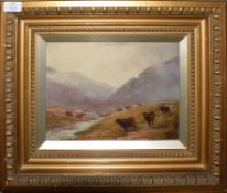 G Morris, Highland cattle in lakeland landscapes, pair of oils on board, both signed, 22 x 29cm (2)