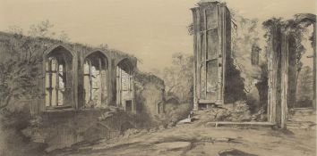 English School (19th century), Ruined abbey, pencil drawing, 28 x 39cm