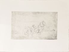 After Alfred J Munnings, Working horses and a farmer, black and white etching, 15 x 25cm, unframed