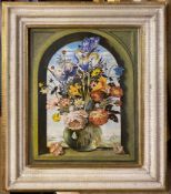 Lisa De Montfort, Flowers in a vase with landscape behind, oil on panel, faintly monogrammed lower