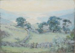 C Marks, Welsh landscape with hill farm and distant lake, gouache, signed lower left, 15 x 20cm