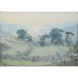 C Marks, Welsh landscape with hill farm and distant lake, gouache, signed lower left, 15 x 20cm