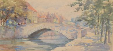 Gertrude Fitt, Bruges scene with figures on a bridge, watercolour, 23 x 37cm