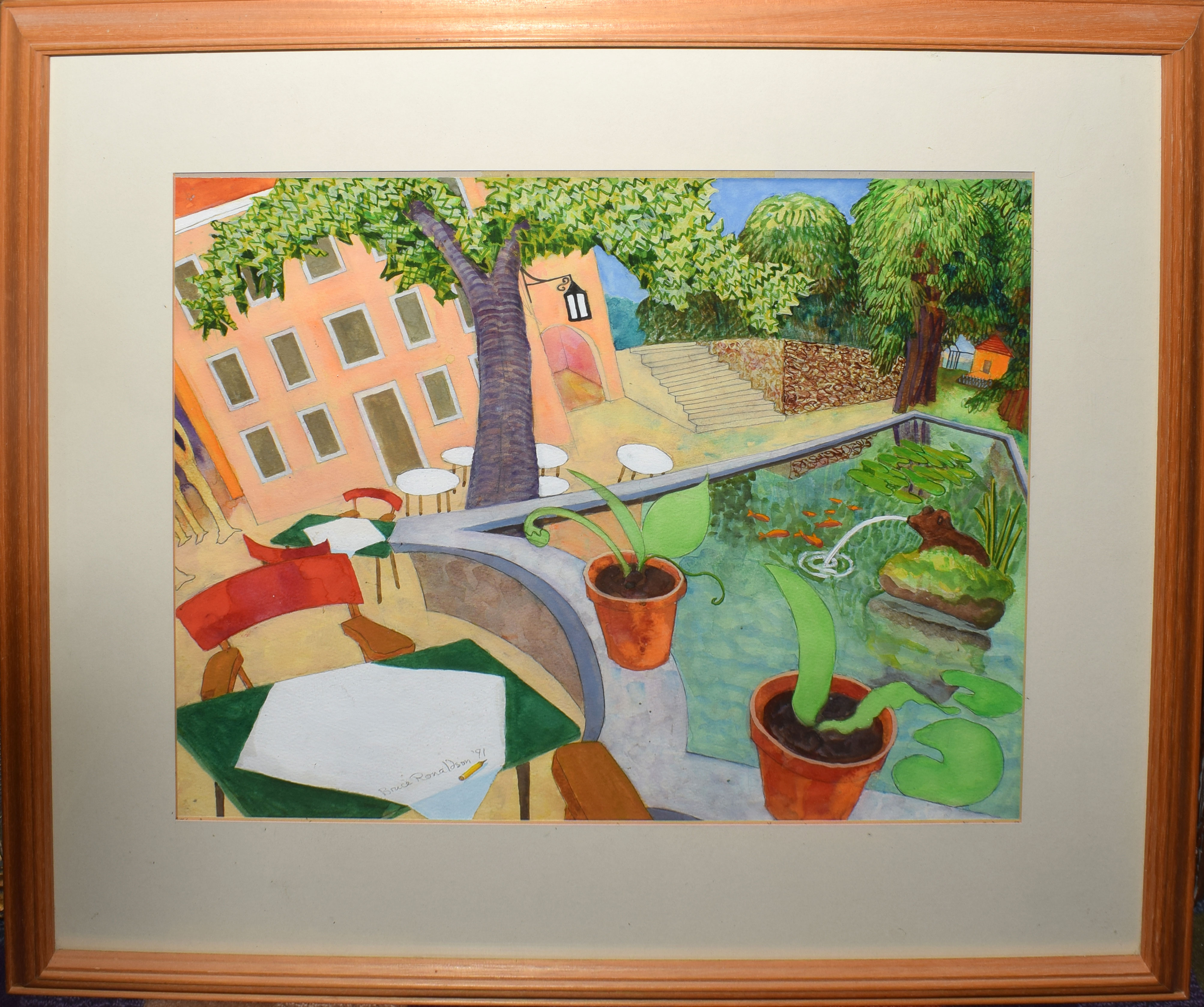 AR Bruce Ronaldson (20th century), "Poolside table, Provence", watercolour, signed and dated 91 to - Image 2 of 2