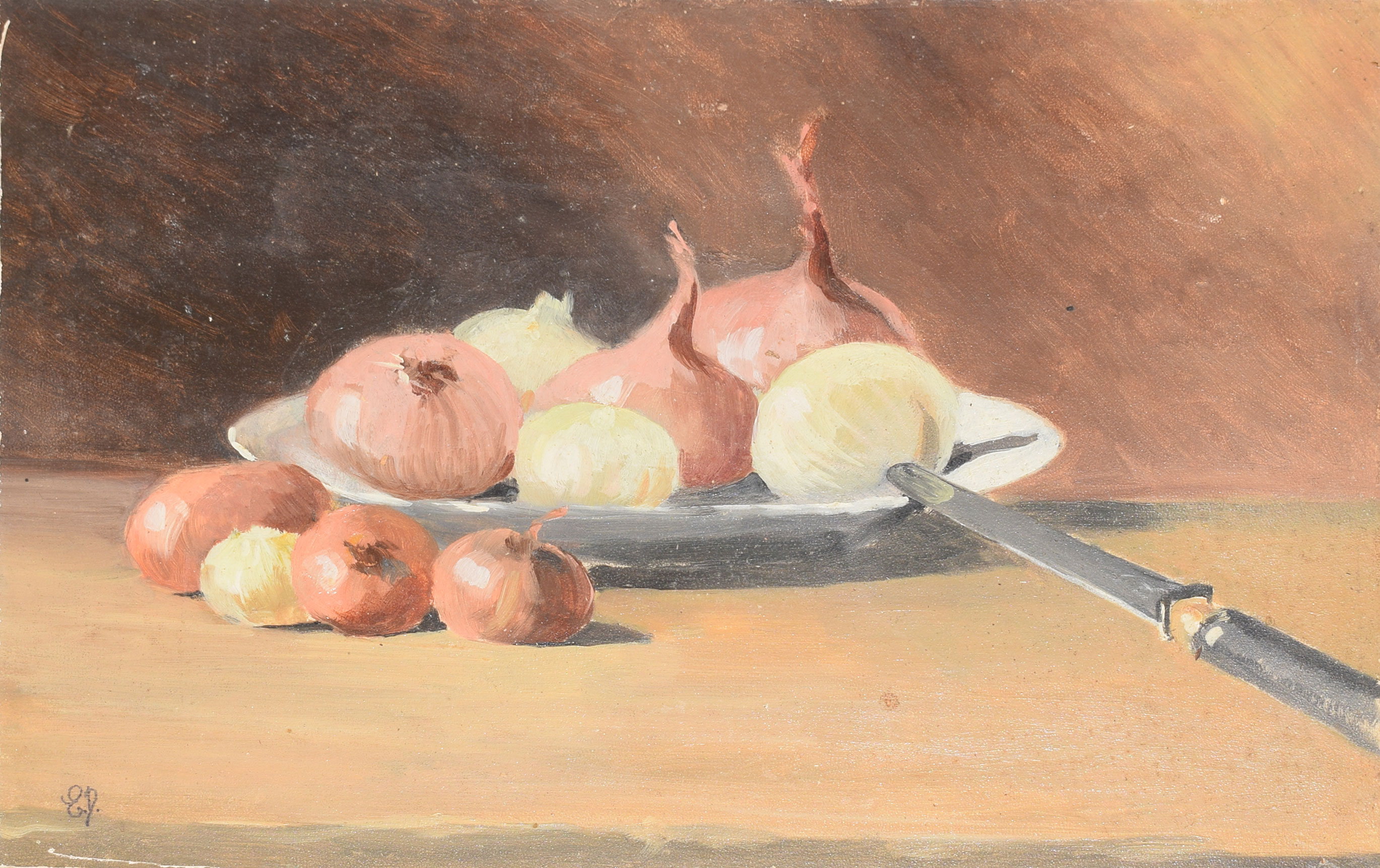 French School, (19th/20th century), Still Life of onions on a plate, oil on board, initialled EP