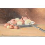 French School, (19th/20th century), Still Life of onions on a plate, oil on board, initialled EP