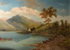 English School (19th century), Lakeland scene with ruined abbey, oil on canvas, indistinctly