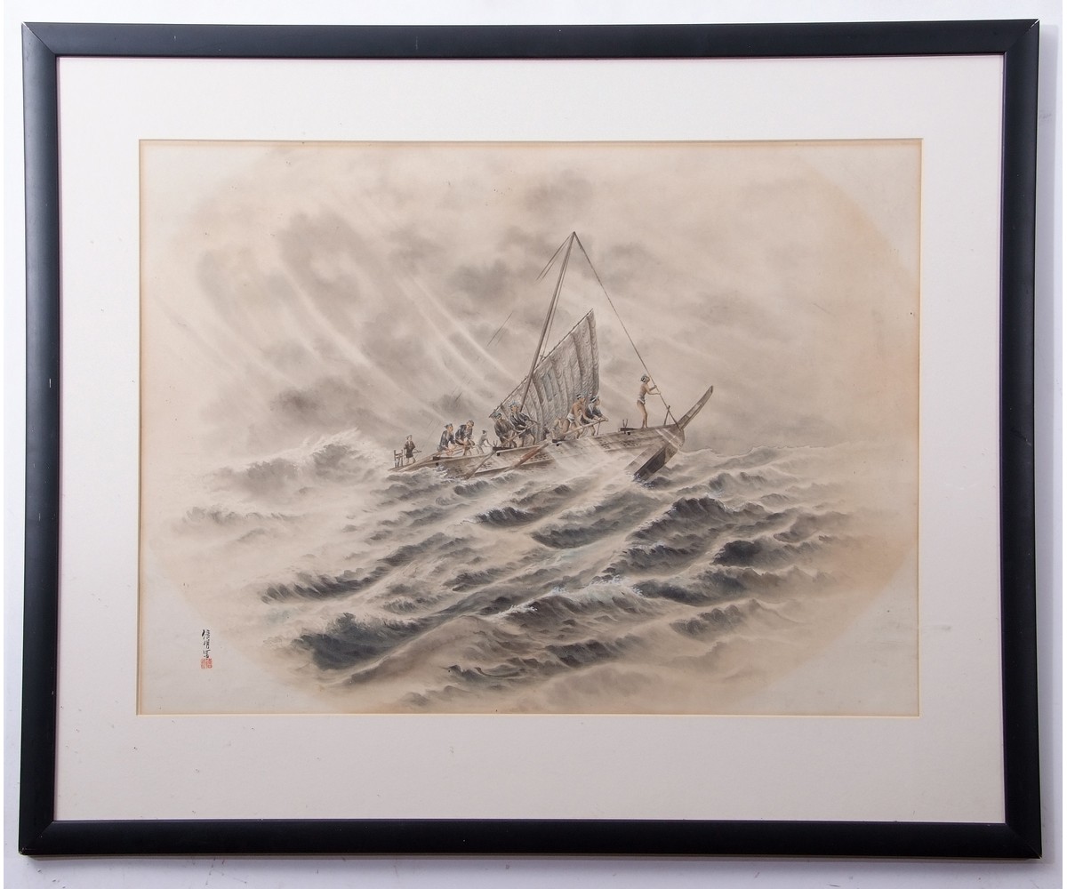 Japanese School (19th/20th century), Seascape with figures in a sailing boat, watercolour, signed - Image 2 of 2