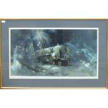 David Shepherd, Railway engines in a shed, artist's coloured proof with publisher's blind stamp,
