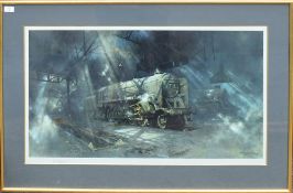 David Shepherd, Railway engines in a shed, artist's coloured proof with publisher's blind stamp,