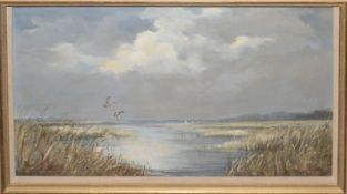 Shirley Carnt, "Titchwell Marshes after the storm", oil on board, signed lower right, 34 x 54cm