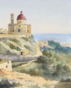 Eric H Day, Views of Malta including the waterfront at Spinola, pen, ink and watercolours, both