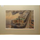 Attributed to Bernard Casson, Moored canal boat, Jupiter Hull, watercolour, 29 x 45cm