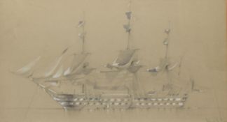 Robert Jones, Two gun deck man-o-war, pencil and watercolour, signed lower right, 32 x 51cm