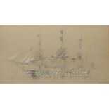 Robert Jones, Two gun deck man-o-war, pencil and watercolour, signed lower right, 32 x 51cm