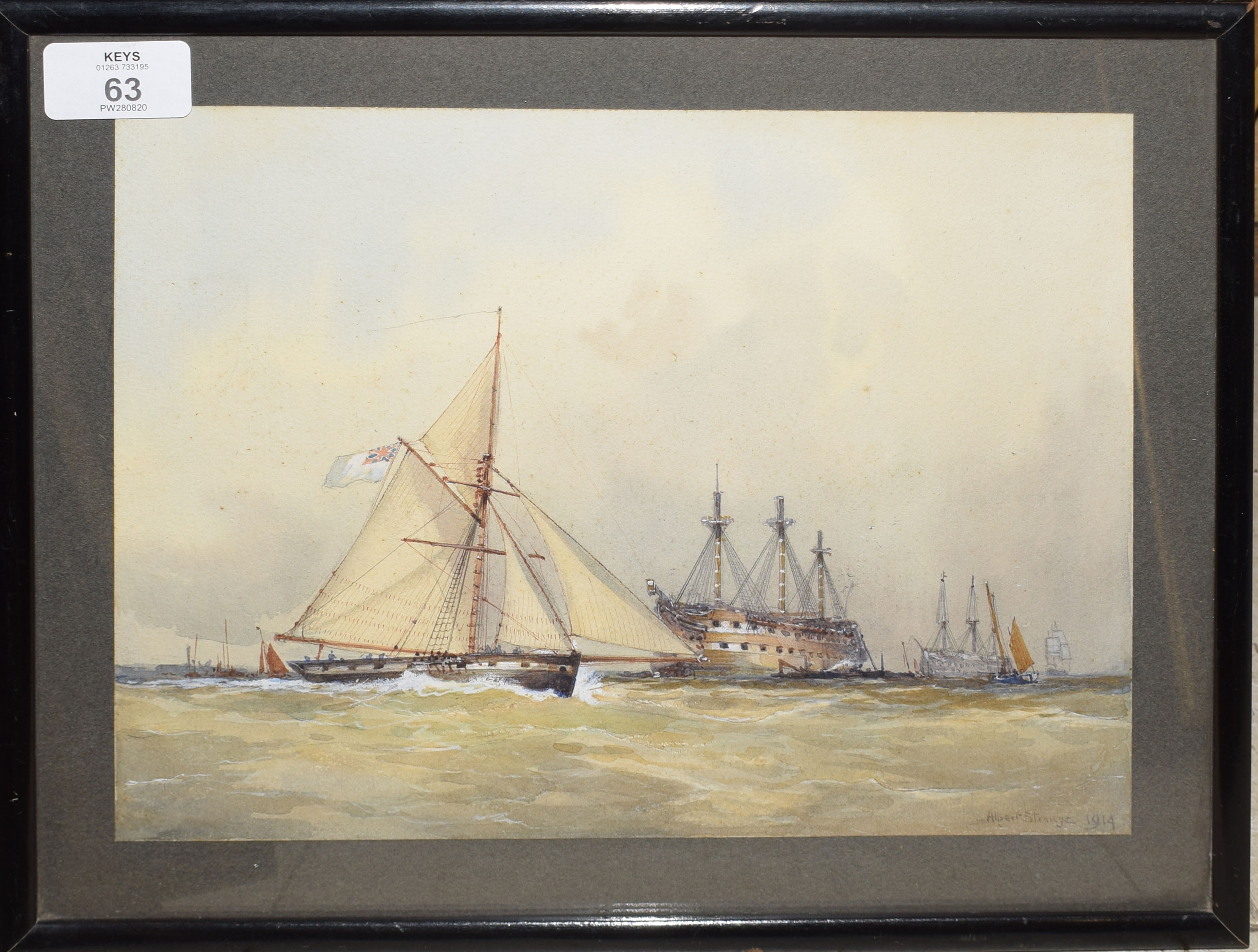 Albert Strange, A Reserve cutter passing ships of the line re-fitting off Sheerness, watercolour,