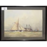 Albert Strange, A Reserve cutter passing ships of the line re-fitting off Sheerness, watercolour,