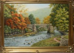 Peter Hunt, River and Bridge, oil on canvas, signed lower left, 49 x 75cm