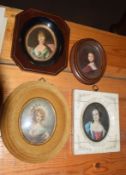 4 portrait miniatures, oil/prints (4)