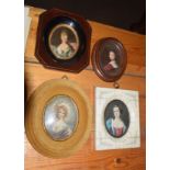 4 portrait miniatures, oil/prints (4)